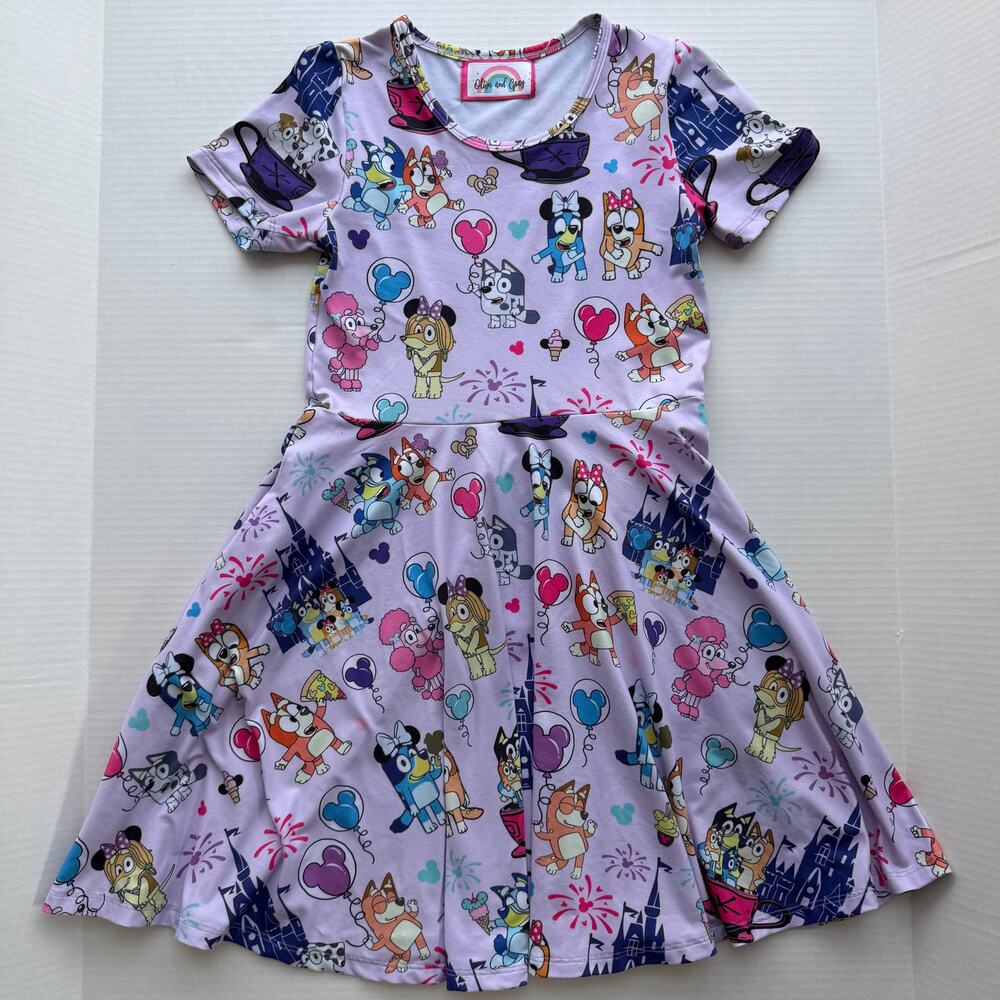 Olive & Gray Disney Bluey Twirl Dress Girls 8 Milk Silk Purple Pockets